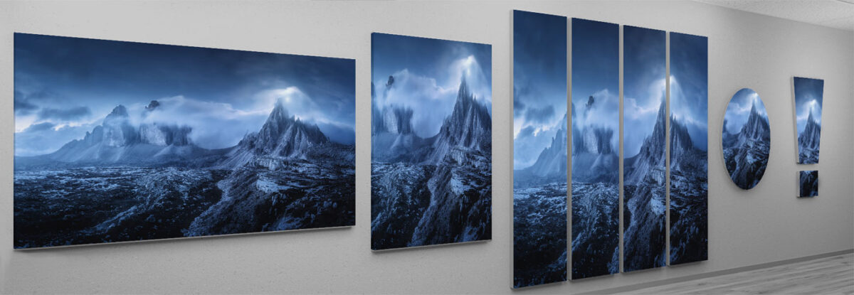 Berge Fotomotiv Bergpanorama mit dunklen Wolken - Oberfläche einer Magnettafel.