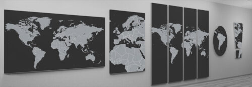 Weltkarte Schwarz Magnettafel mit auswählbarem Kartenausschnitt.