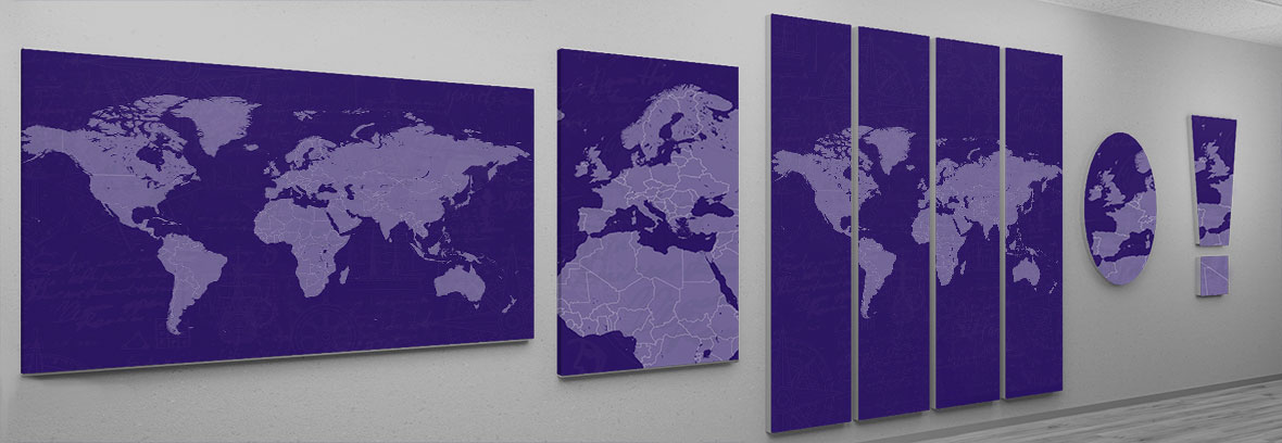 Landkarte oder Weltkarte aus Magnetpinnwand. Anpassung der Kartenausschnitte und Farbe sind möglich.