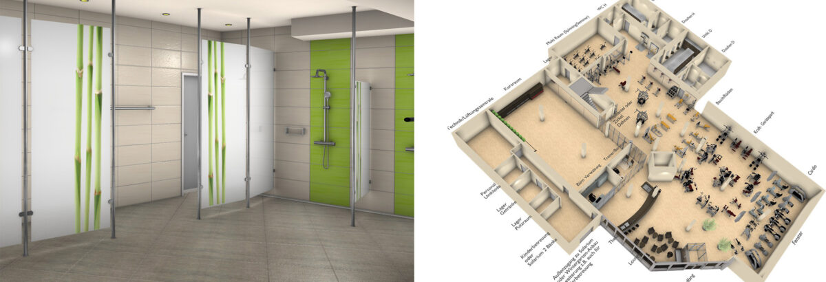 3D Raumkonzept für Fitness Studio - Raumgestaltung Konzept mit 3 D Gebäudeplan